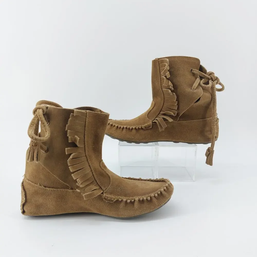 J Crew Moccasins Womens Size 7 Tan Suede Leather Tassel Fringe Boho